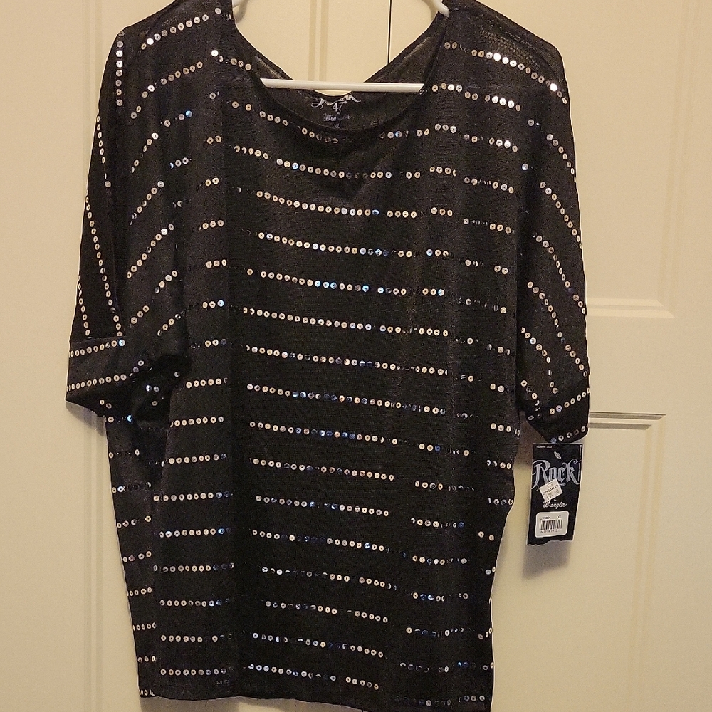 NWT XL Rock 47 By Wrangler Black Sheer Dolman Sleeve Top With Sequin